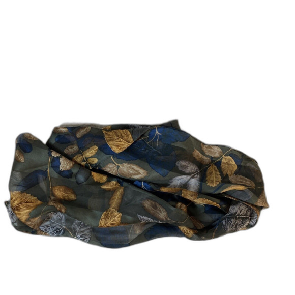 Silk Scarf 10" X 58" Brown Tones With Gold And Silver Leaves Fall Casual Core - Picture 1 of 4